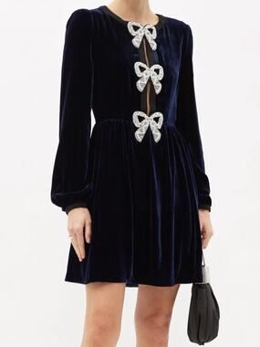 Saloni Camille Crystal-Bow Velvet Mini Dress Women 10 Navy Blue Puff Sleeve $845